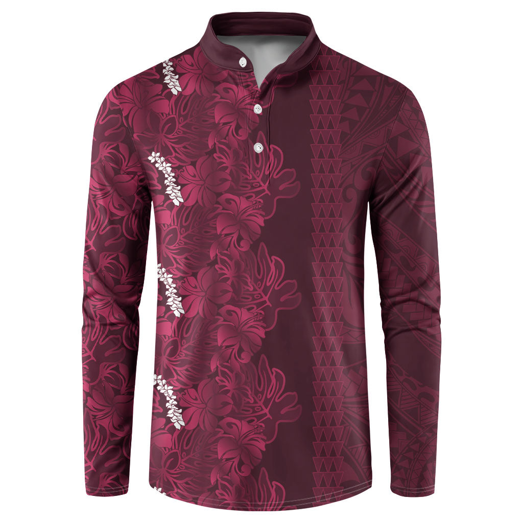 Burgundy Hibiscus Monstera Seamless Kakau Hawaii Button Sweatshirt LT14 Burgundy - Polynesian Pride