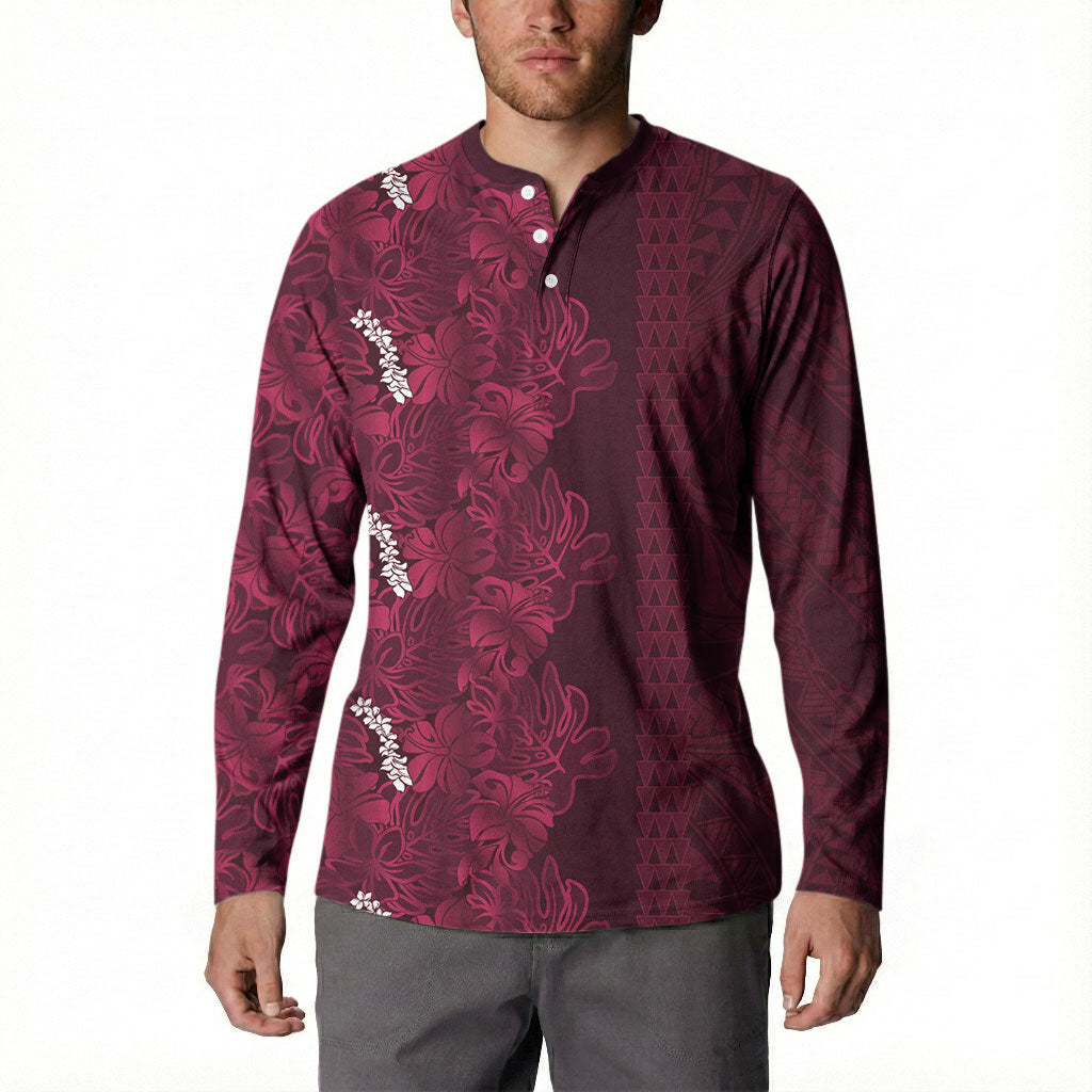 Burgundy Hibiscus Monstera Seamless Kakau Hawaii Button Sweatshirt LT14 - Polynesian Pride