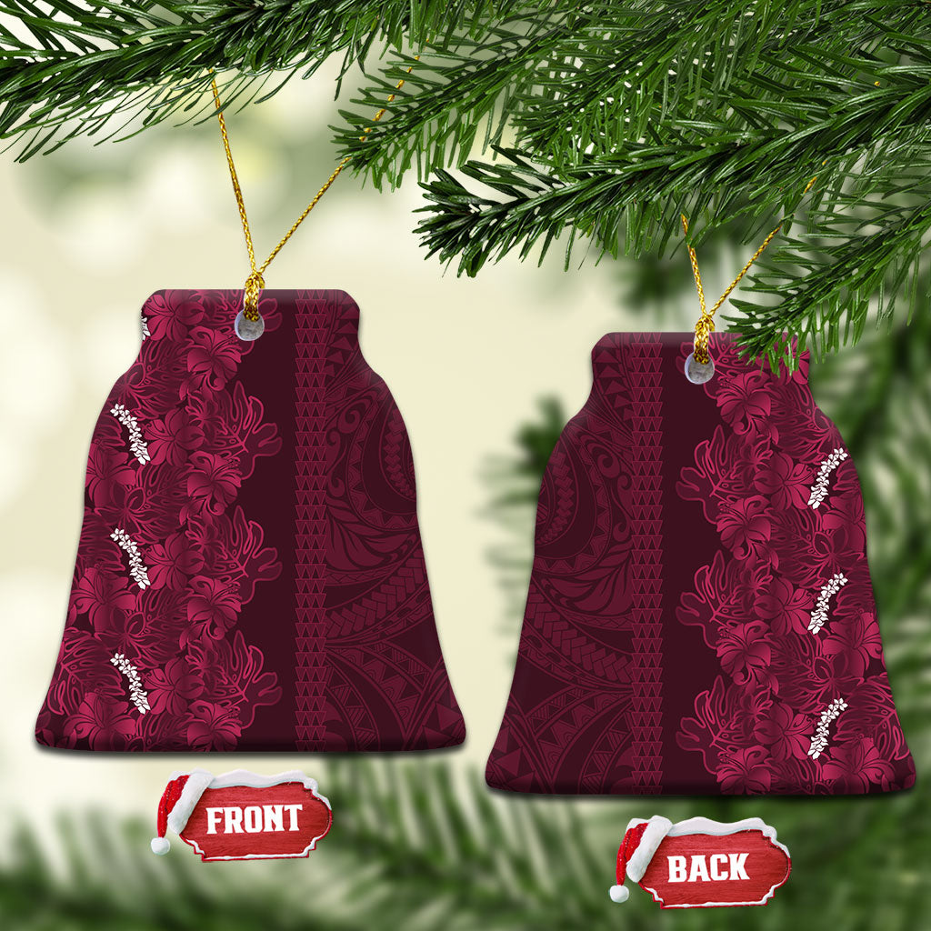 Burgundy Hibiscus Monstera Seamless Kakau Hawaii Ceramic Ornament LT14 Bell Flake Burgundy - Polynesian Pride
