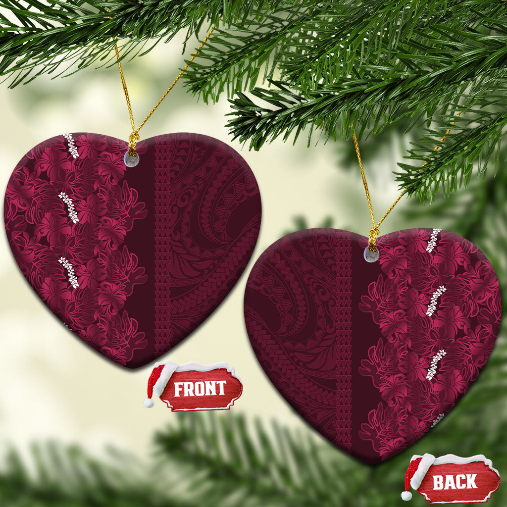 Burgundy Hibiscus Monstera Seamless Kakau Hawaii Ceramic Ornament LT14 Heart Burgundy - Polynesian Pride