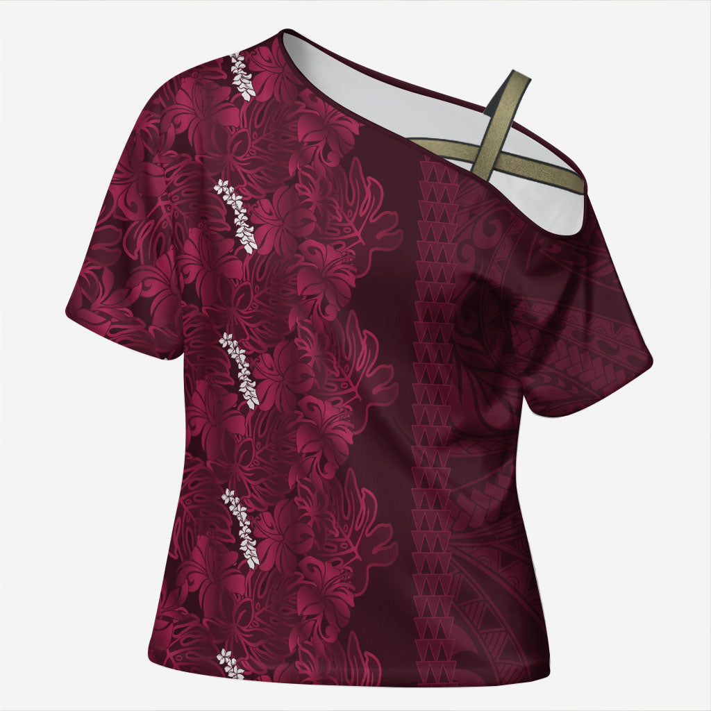 Burgundy Hibiscus Monstera Seamless Kakau Hawaii Cross Shoulder Shirt LT14 Female Burgundy - Polynesian Pride