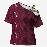 Burgundy Hibiscus Monstera Seamless Kakau Hawaii Cross Shoulder Shirt LT14 Female Burgundy - Polynesian Pride