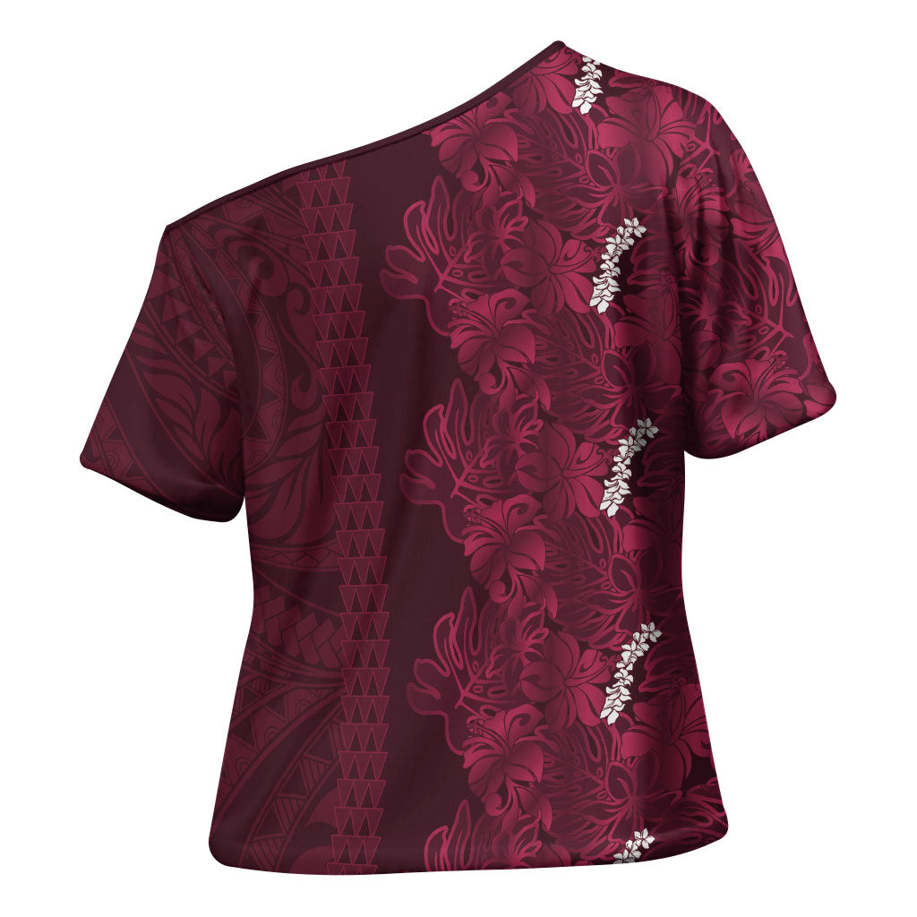 Burgundy Hibiscus Monstera Seamless Kakau Hawaii Cross Shoulder Shirt LT14 - Polynesian Pride