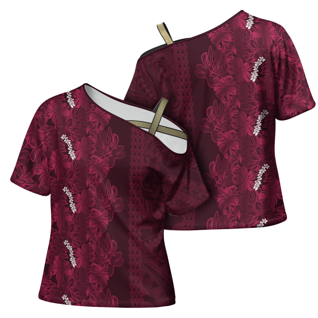 Burgundy Hibiscus Monstera Seamless Kakau Hawaii Cross Shoulder Shirt LT14 - Polynesian Pride