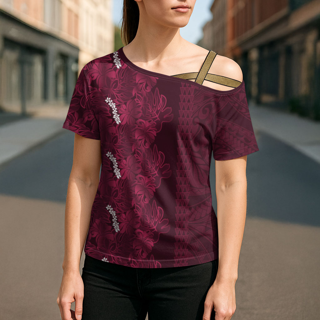 Burgundy Hibiscus Monstera Seamless Kakau Hawaii Cross Shoulder Shirt LT14 - Polynesian Pride