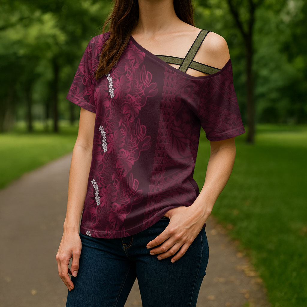 Burgundy Hibiscus Monstera Seamless Kakau Hawaii Cross Shoulder Shirt LT14 - Polynesian Pride