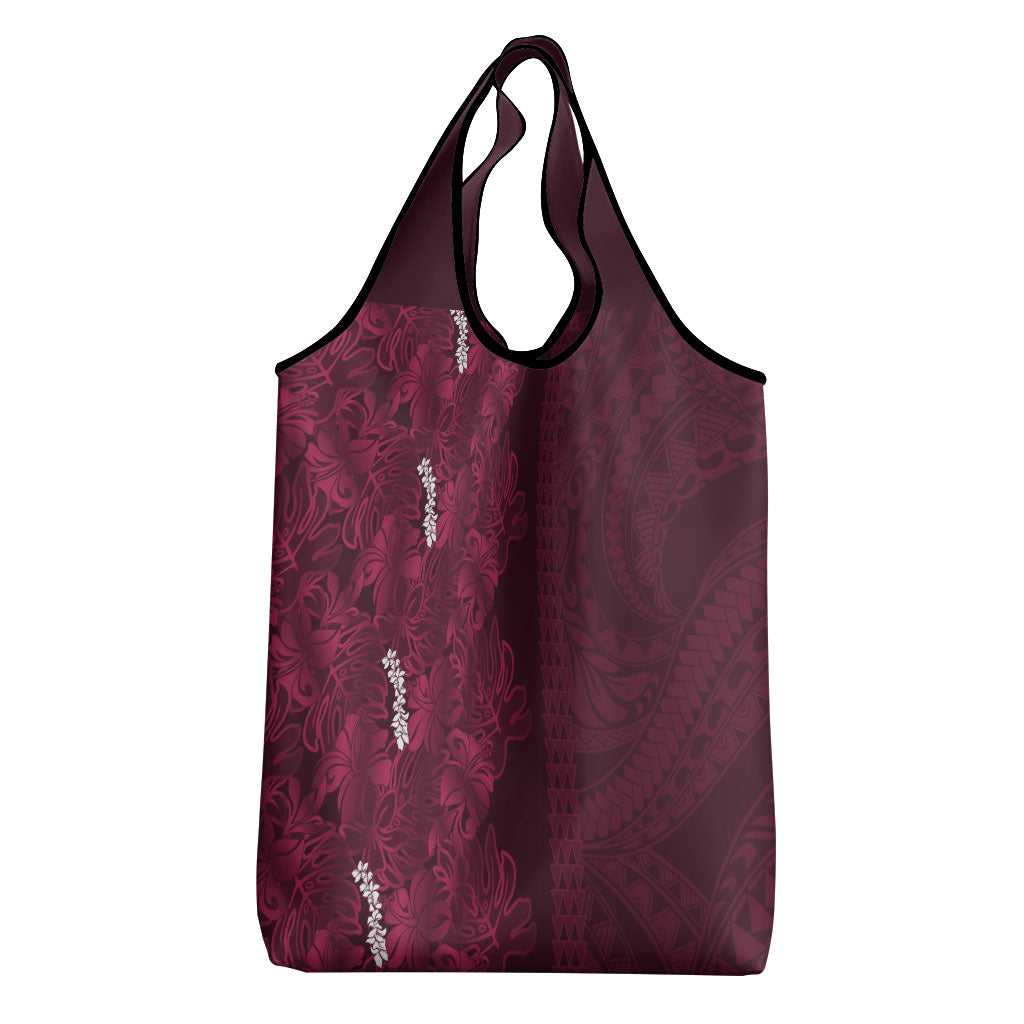 Burgundy Hibiscus Monstera Seamless Kakau Hawaii Grocery Bag LT14 - Polynesian Pride