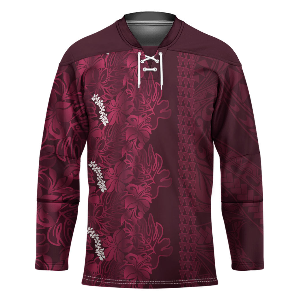 Burgundy Hibiscus Monstera Seamless Kakau Hawaii Hockey Jersey LT14 Unisex Burgundy - Polynesian Pride