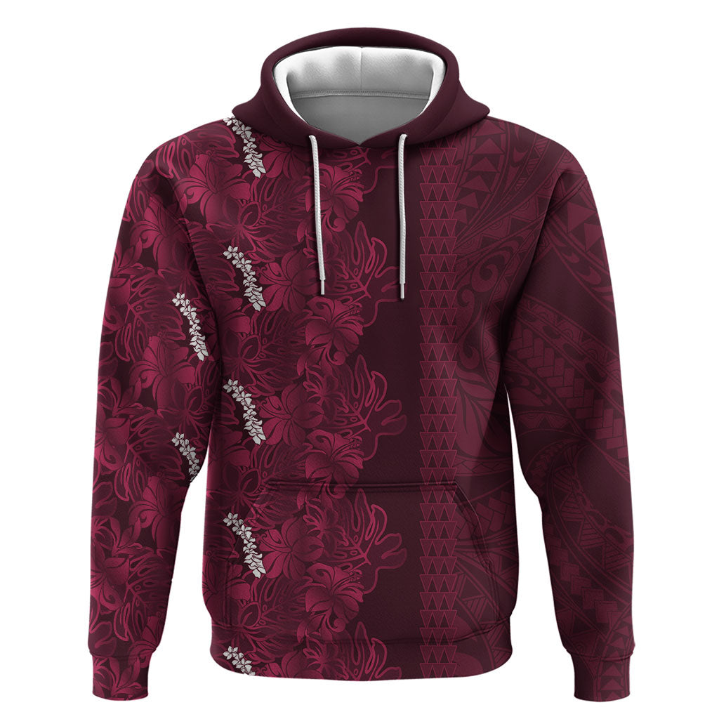 Burgundy Hibiscus Monstera Seamless Kakau Hawaii Hoodie LT14 Pullover Hoodie Burgundy - Polynesian Pride