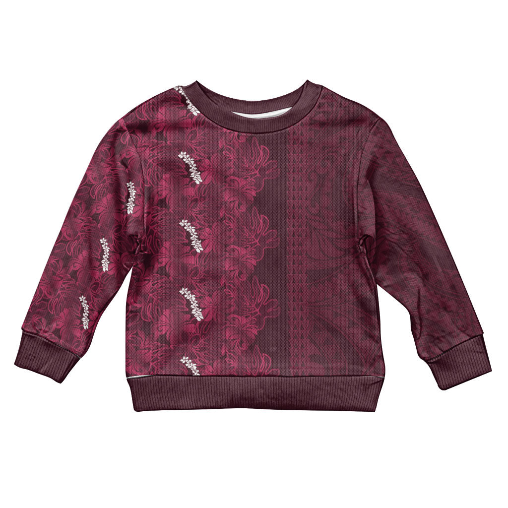 Burgundy Hibiscus Monstera Seamless Kakau Hawaii Kid Ugly Christmas Sweater LT14 Kid Burgundy - Polynesian Pride