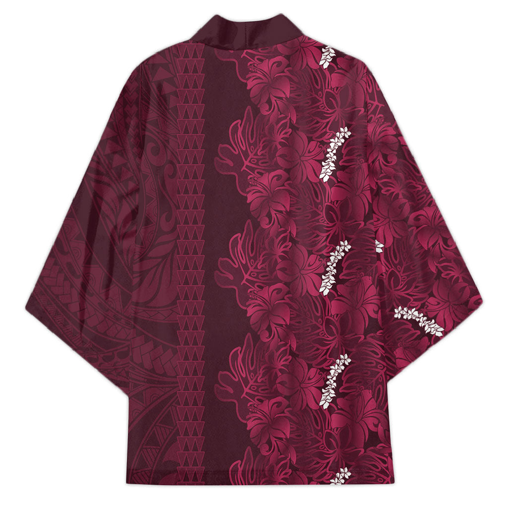 Burgundy Hibiscus Monstera Seamless Kakau Hawaii Kimono LT14 - Polynesian Pride