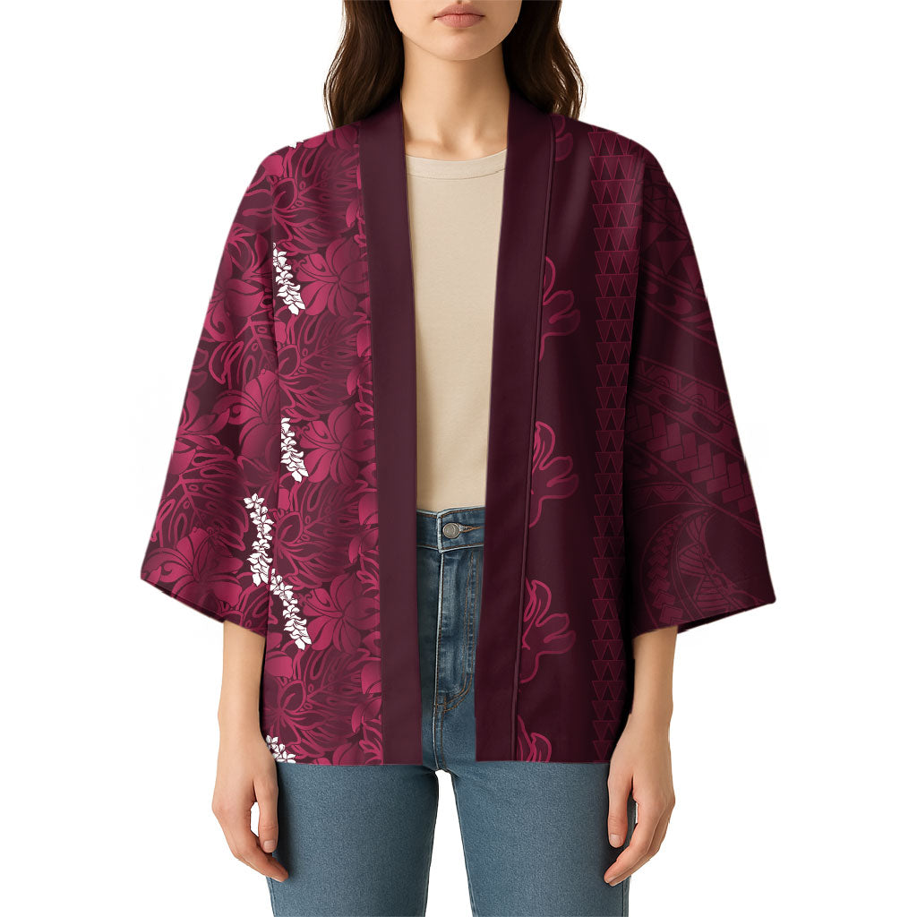 Burgundy Hibiscus Monstera Seamless Kakau Hawaii Kimono LT14 - Polynesian Pride