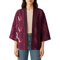 Burgundy Hibiscus Monstera Seamless Kakau Hawaii Kimono LT14 - Polynesian Pride