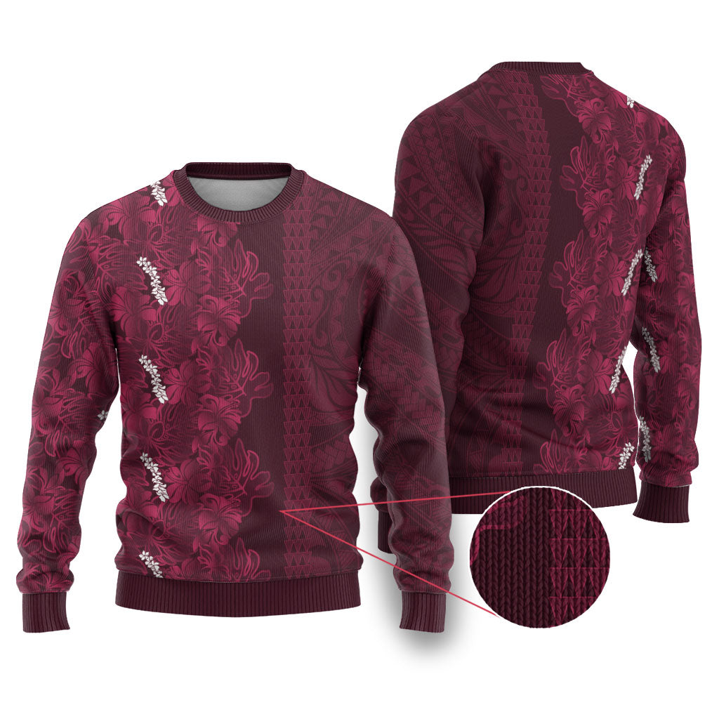 Burgundy Hibiscus Monstera Seamless Kakau Hawaii Ugly Christmas Sweater LT14 Burgundy - Polynesian Pride