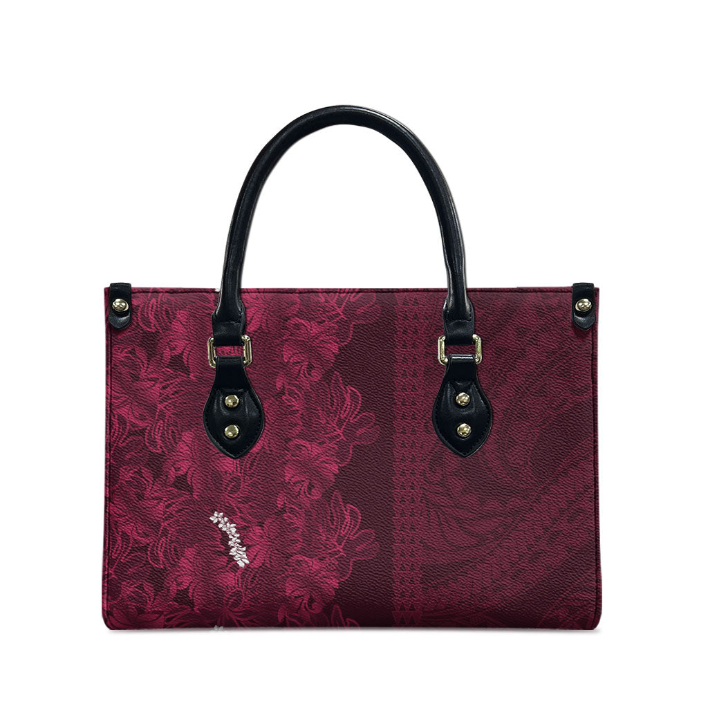 Burgundy Hibiscus Monstera Seamless Kakau Hawaii Leather Bag LT14 - Polynesian Pride