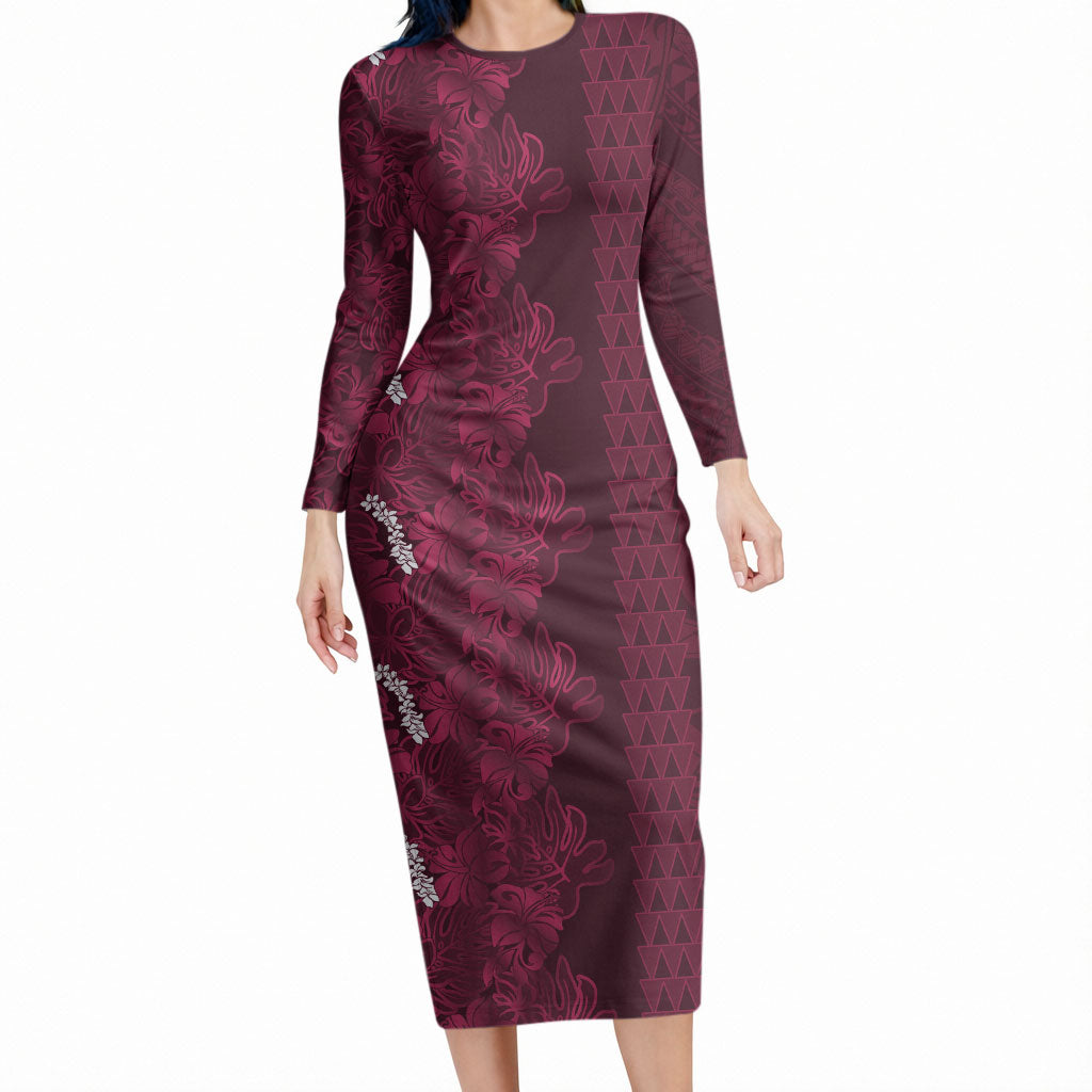 Burgundy Hibiscus Monstera Seamless Kakau Hawaii Long Sleeve Bodycon Dress LT14 Long Dress Burgundy - Polynesian Pride