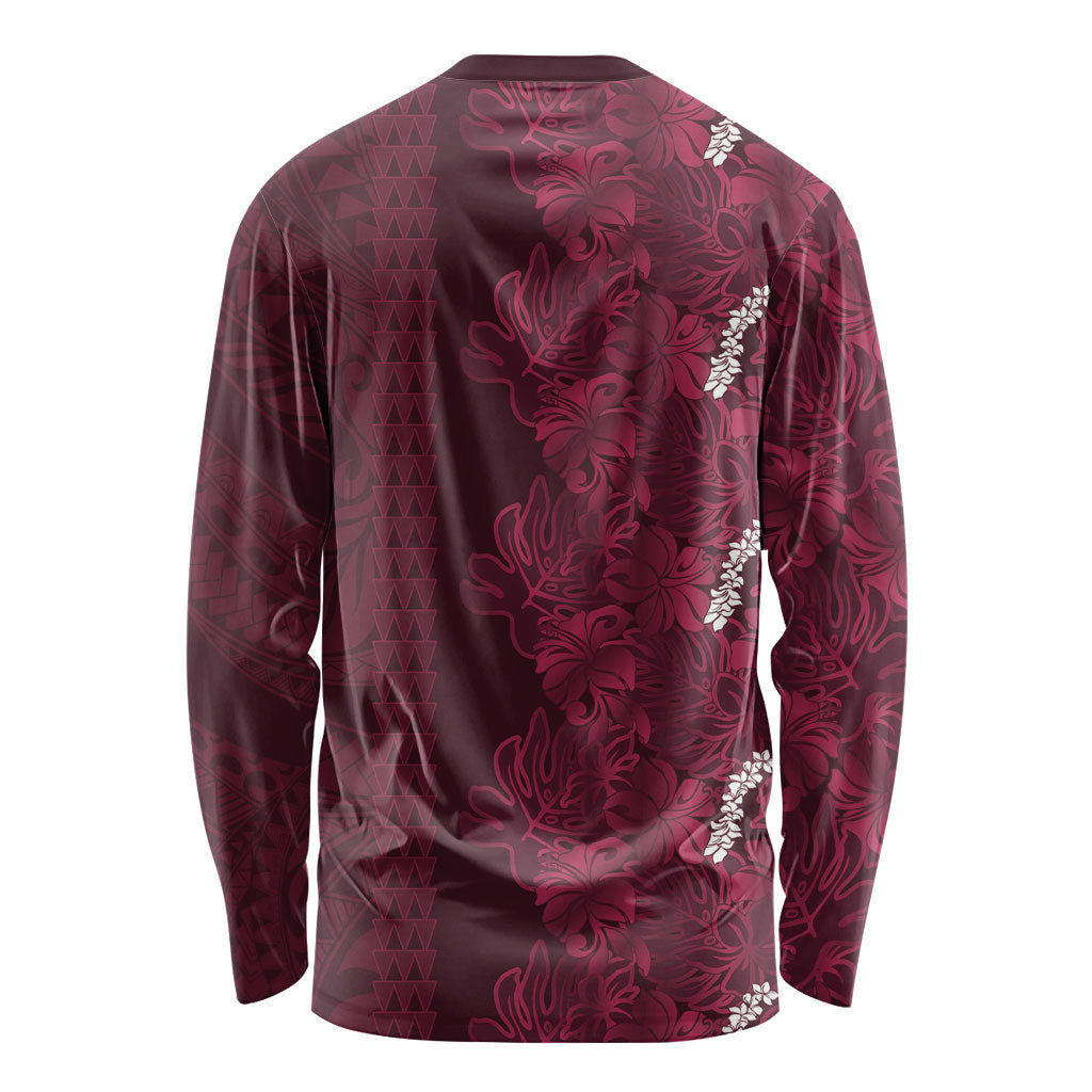 Burgundy Hibiscus Monstera Seamless Kakau Hawaii Long Sleeve Shirt LT14 - Polynesian Pride