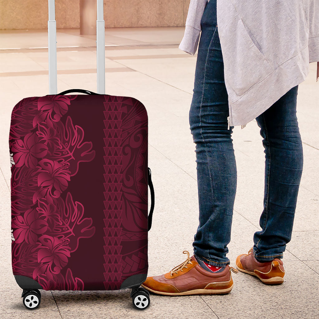 Burgundy Hibiscus Monstera Seamless Kakau Hawaii Luggage Cover LT14 Burgundy - Polynesian Pride
