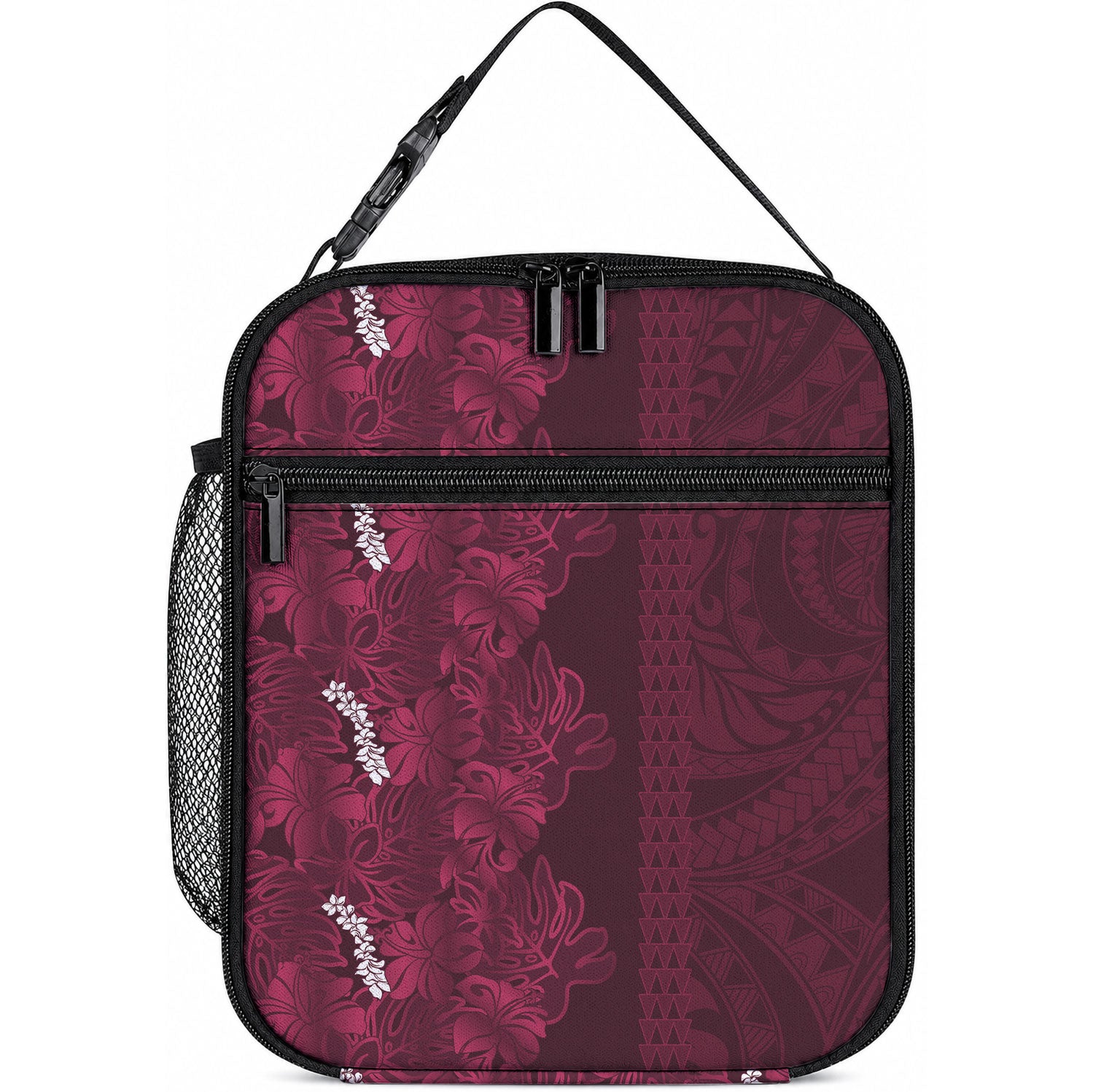 Burgundy Hibiscus Monstera Seamless Kakau Hawaii Lunch Bag LT14 10.2 × 8.3 × 4.3 inch Burgundy - Polynesian Pride