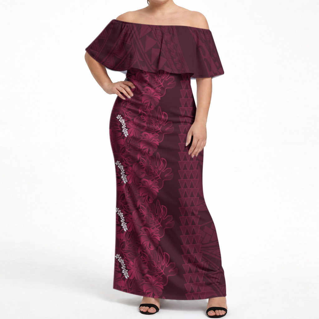 Burgundy Hibiscus Monstera Seamless Kakau Hawaii Off Shoulder Maxi Dress LT14 Women Burgundy - Polynesian Pride