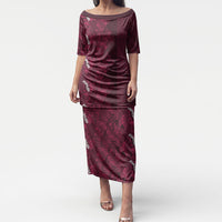 Burgundy Hibiscus Monstera Seamless Kakau Hawaii Puletasi LT14 Long Dress Burgundy - Polynesian Pride