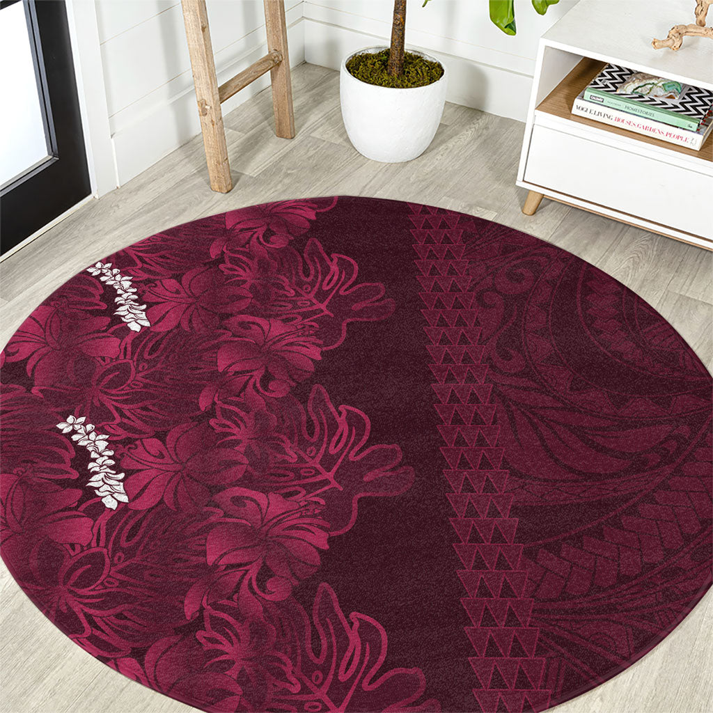 Burgundy Hibiscus Monstera Seamless Kakau Hawaii Round Carpet LT14 Burgundy - Polynesian Pride