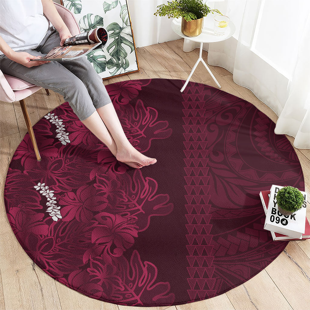 Burgundy Hibiscus Monstera Seamless Kakau Hawaii Round Carpet LT14 - Polynesian Pride