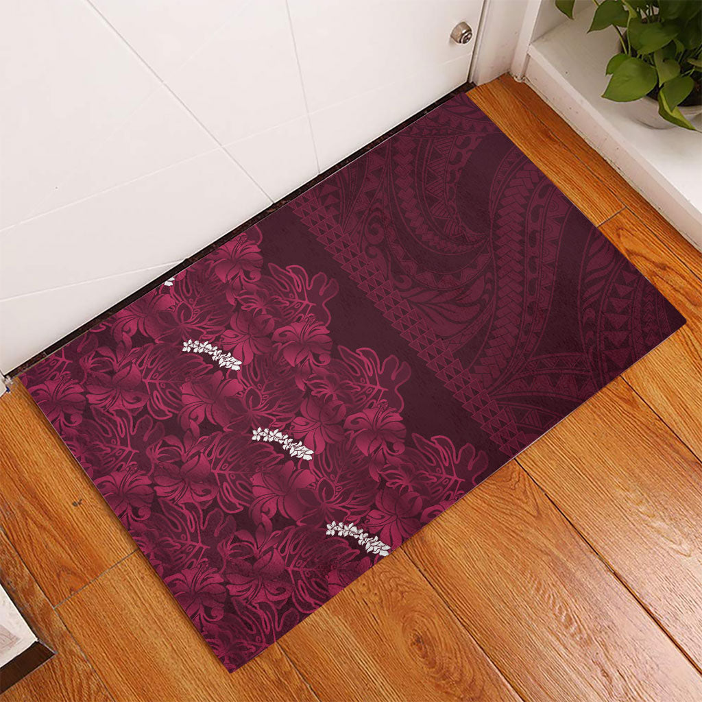 Burgundy Hibiscus Monstera Seamless Kakau Hawaii Rubber Doormat LT14 - Polynesian Pride