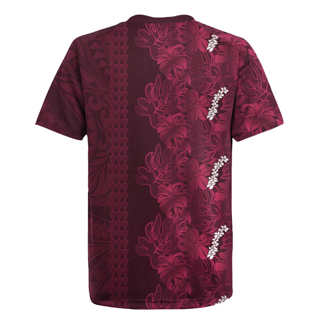 Burgundy Hibiscus Monstera Seamless Kakau Hawaii Rugby Jersey LT14 - Polynesian Pride