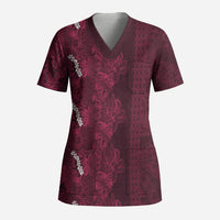 Burgundy Hibiscus Monstera Seamless Kakau Hawaii Scrub Top LT14 Adult Burgundy - Polynesian Pride