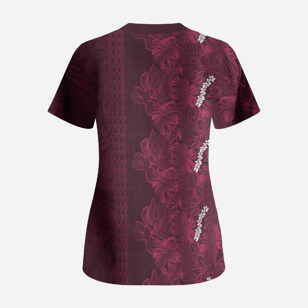 Burgundy Hibiscus Monstera Seamless Kakau Hawaii Scrub Top LT14 - Polynesian Pride