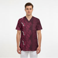Burgundy Hibiscus Monstera Seamless Kakau Hawaii Scrub Top LT14 - Polynesian Pride