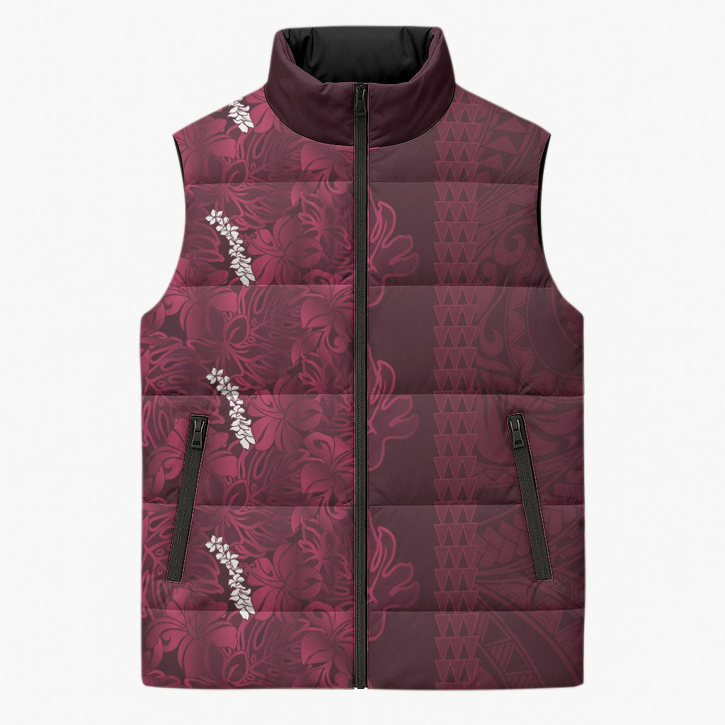 Burgundy Hibiscus Monstera Seamless Kakau Hawaii Sleeveless Puffer Jacket LT14 Unisex Burgundy - Polynesian Pride