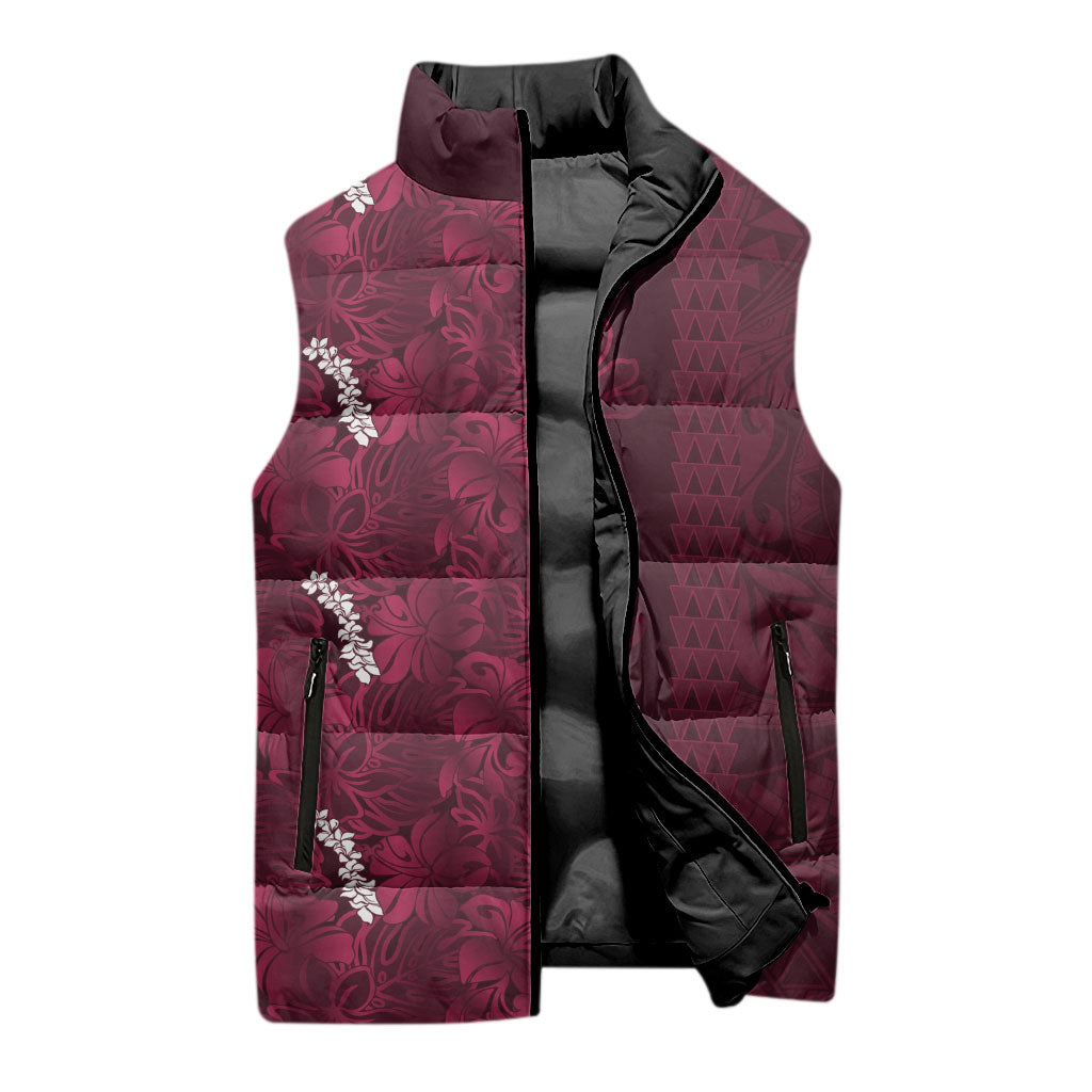 Burgundy Hibiscus Monstera Seamless Kakau Hawaii Sleeveless Puffer Jacket LT14 - Polynesian Pride