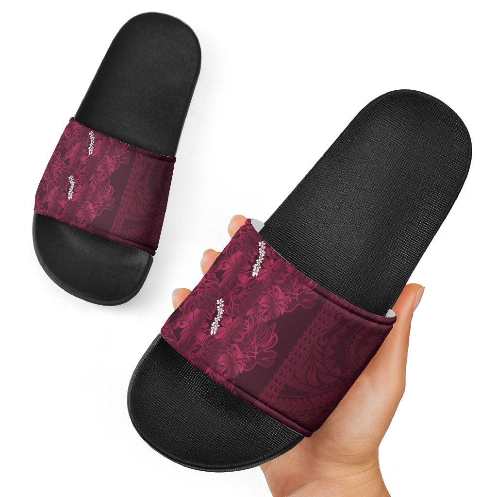 Burgundy Hibiscus Monstera Seamless Kakau Hawaii Slide Sandals LT14 - Polynesian Pride