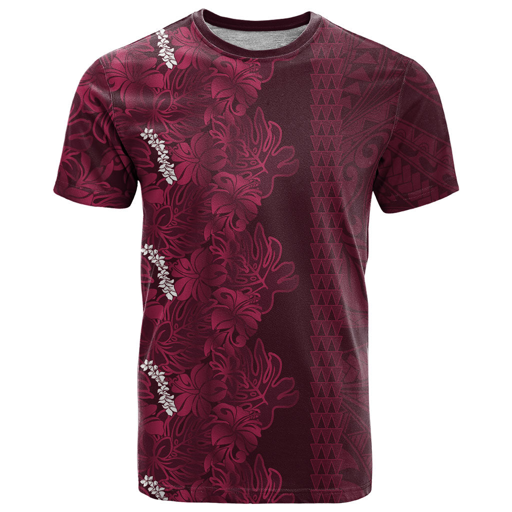 Burgundy Hibiscus Monstera Seamless Kakau Hawaii T Shirt LT14 Burgundy - Polynesian Pride