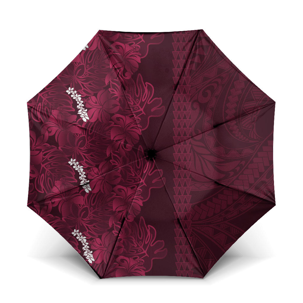 Burgundy Hibiscus Monstera Seamless Kakau Hawaii Umbrella LT14 One Size Folded 11.42 inch Opened Diameter 37.4 inch Burgundy - Polynesian Pride
