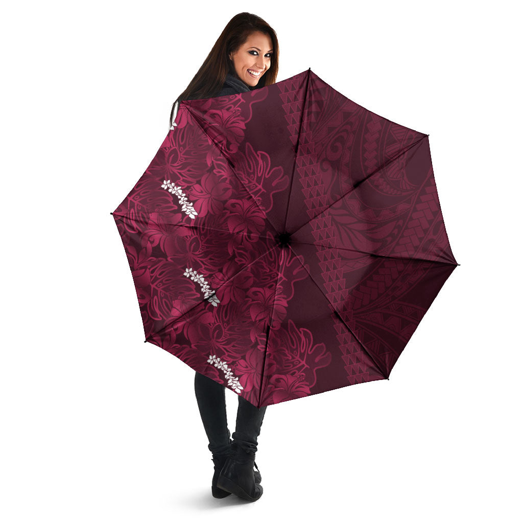 Burgundy Hibiscus Monstera Seamless Kakau Hawaii Umbrella LT14 - Polynesian Pride