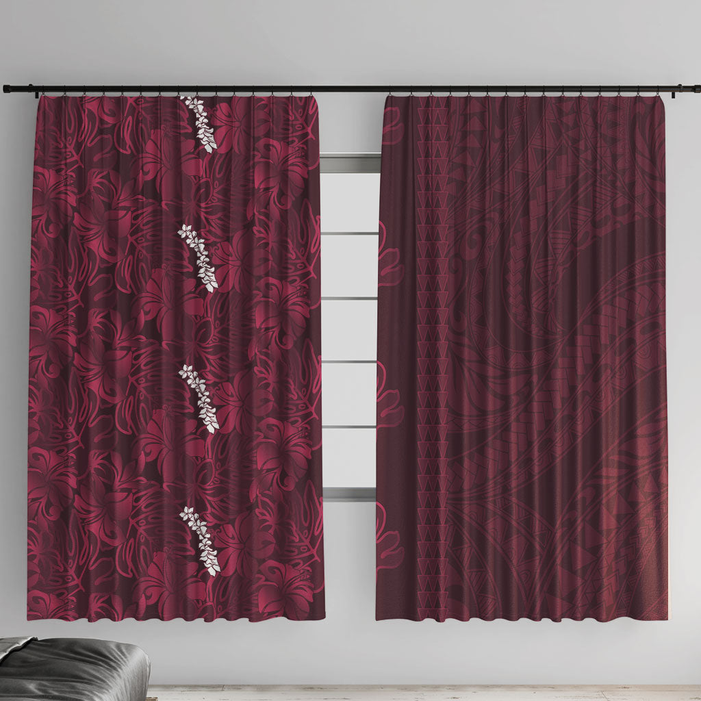 Burgundy Hibiscus Monstera Seamless Kakau Hawaii Window Curtain LT14 With Hooks Burgundy - Polynesian Pride