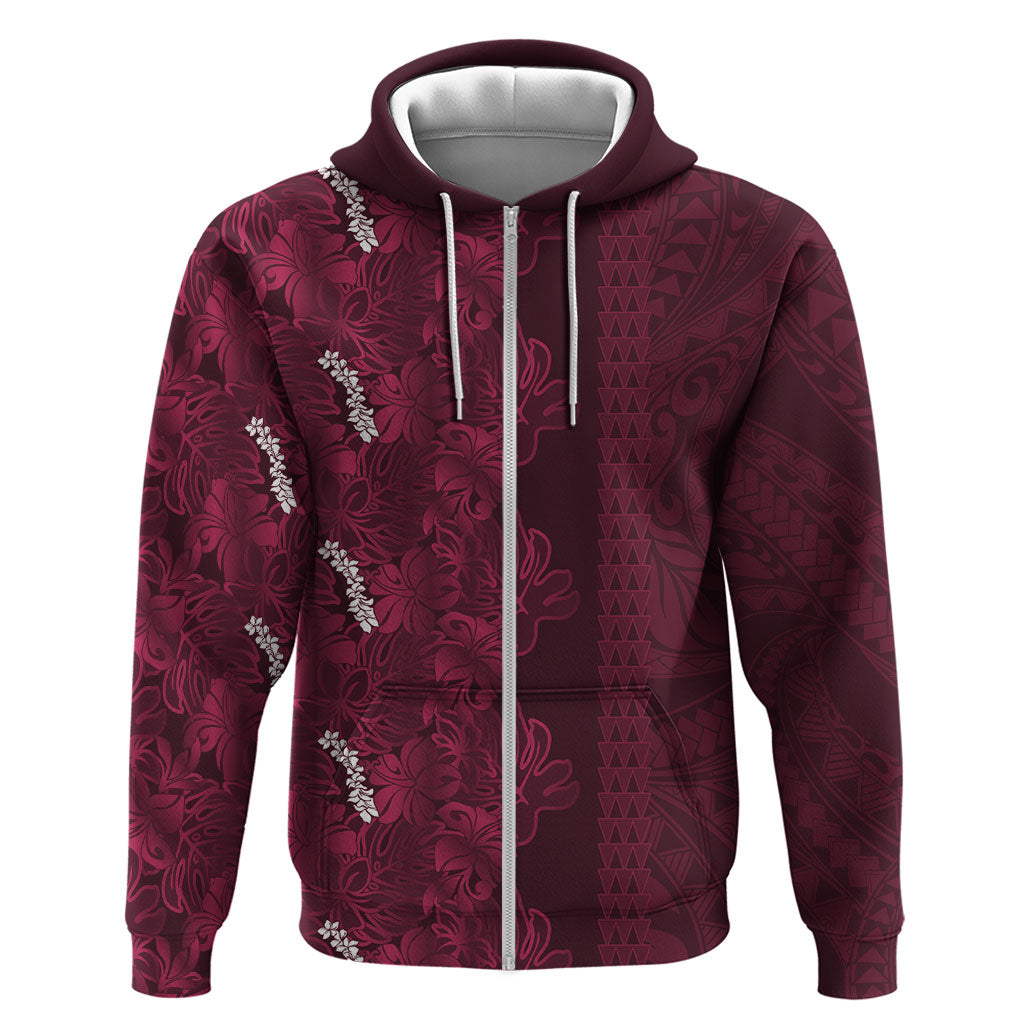 Burgundy Hibiscus Monstera Seamless Kakau Hawaii Zip Hoodie LT14 Zip Hoodie Burgundy - Polynesian Pride