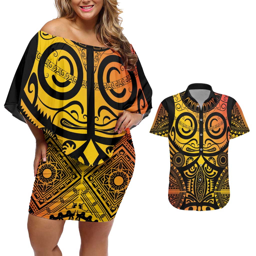 Marquesas Islands Couples Matching Off Shoulder Short Dress and Hawaiian Shirt Marquesan Tattoo Yellow Gradient LT14 Yellow - Polynesian Pride