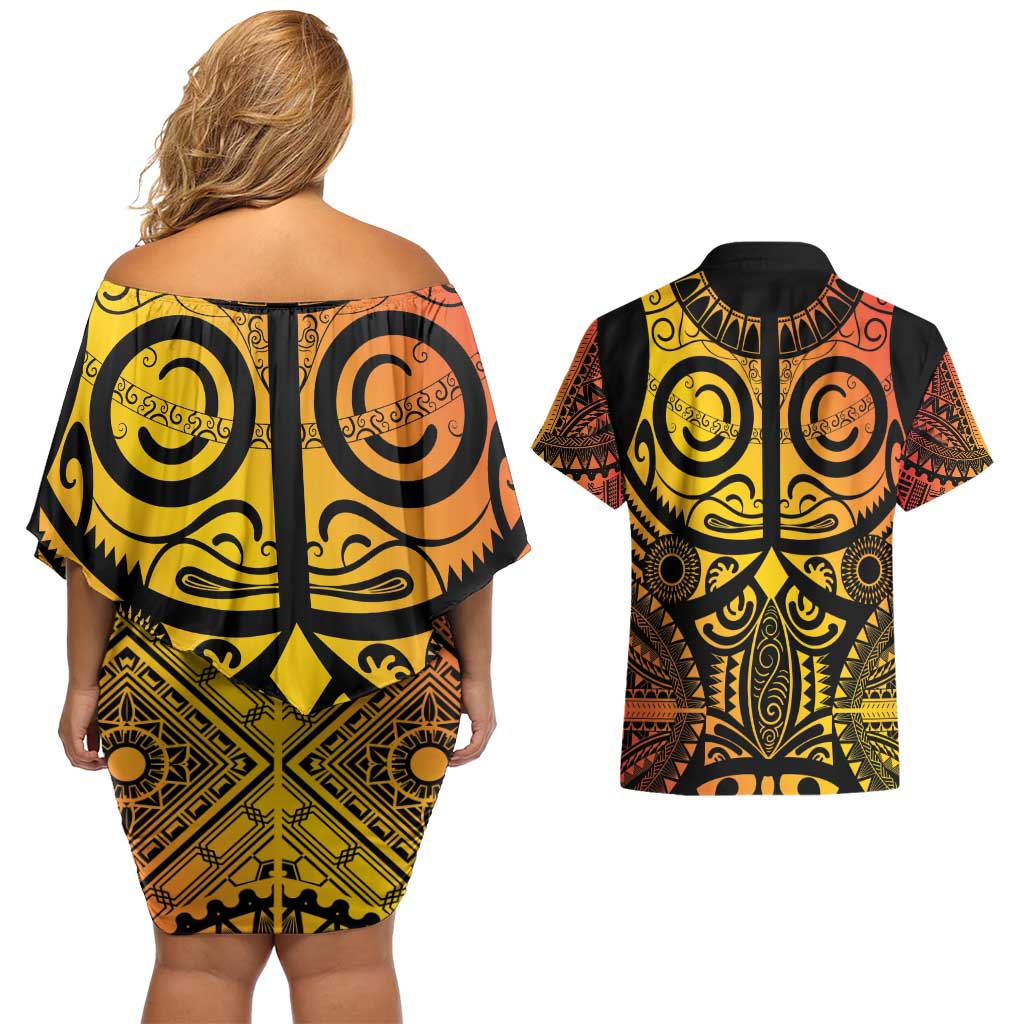 Marquesas Islands Couples Matching Off Shoulder Short Dress and Hawaiian Shirt Marquesan Tattoo Yellow Gradient LT14 - Polynesian Pride