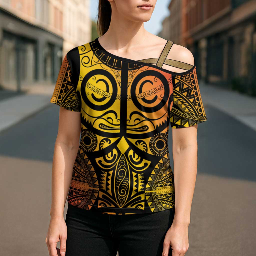 Marquesas Islands Cross Shoulder Shirt Marquesan Tattoo Yellow Gradient - Polynesian Pride