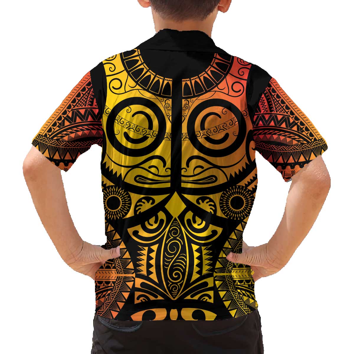 Marquesas Islands Family Matching Off The Shoulder Long Sleeve Dress and Hawaiian Shirt Marquesan Tattoo Yellow Gradient - Polynesian Pride