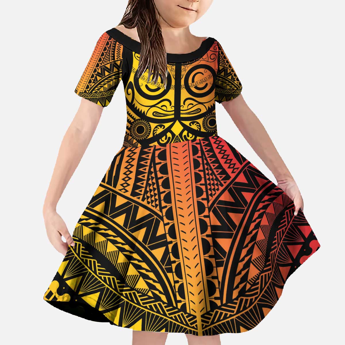 Marquesas Islands Family Matching Off The Shoulder Long Sleeve Dress and Hawaiian Shirt Marquesan Tattoo Yellow Gradient - Polynesian Pride