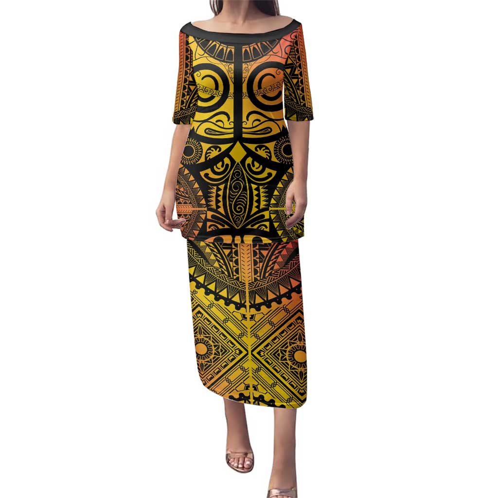 Marquesas Islands Family Matching Puletasi and Hawaiian Shirt Marquesan Tattoo Yellow Gradient LT14 Mom's Dress Yellow - Polynesian Pride
