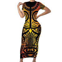 Marquesas Islands Short Sleeve Bodycon Dress Marquesan Tattoo Yellow Gradient LT14 Long Dress Yellow - Polynesian Pride