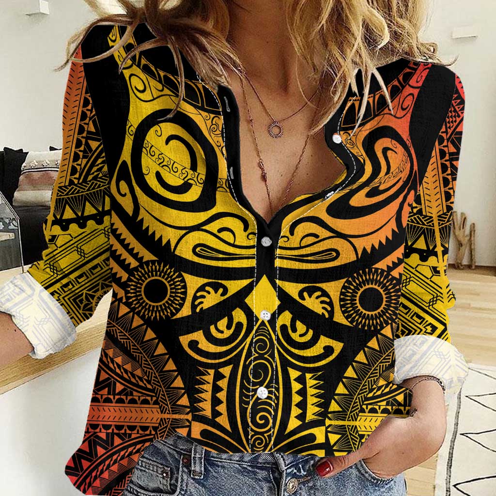 Marquesas Islands Women Casual Shirt Marquesan Tattoo Yellow Gradient LT14 Female Yellow - Polynesian Pride
