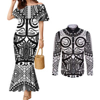Marquesas Islands Couples Matching Mermaid Dress and Long Sleeve Button Shirt Marquesan Tattoo Black White Color - Polynesian Pride