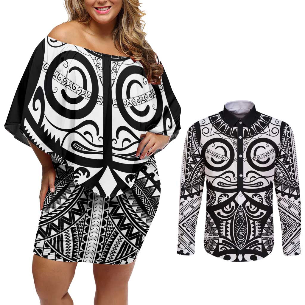 Marquesas Islands Couples Matching Off Shoulder Short Dress and Long Sleeve Button Shirt Marquesan Tattoo Black White Color LT14 Black - Polynesian Pride